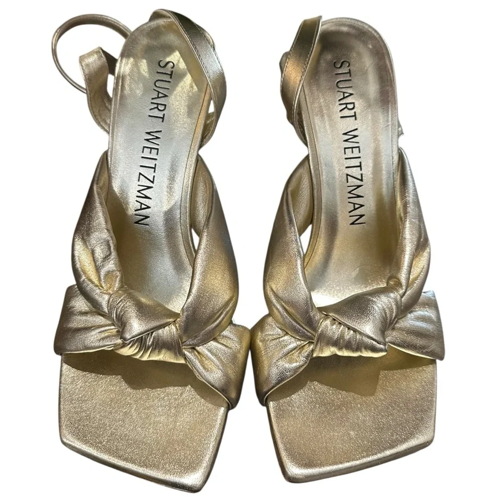 Stuart Weitzman Playa Metallic Leather Square Toe Knotted Ankle Strap Stiletto